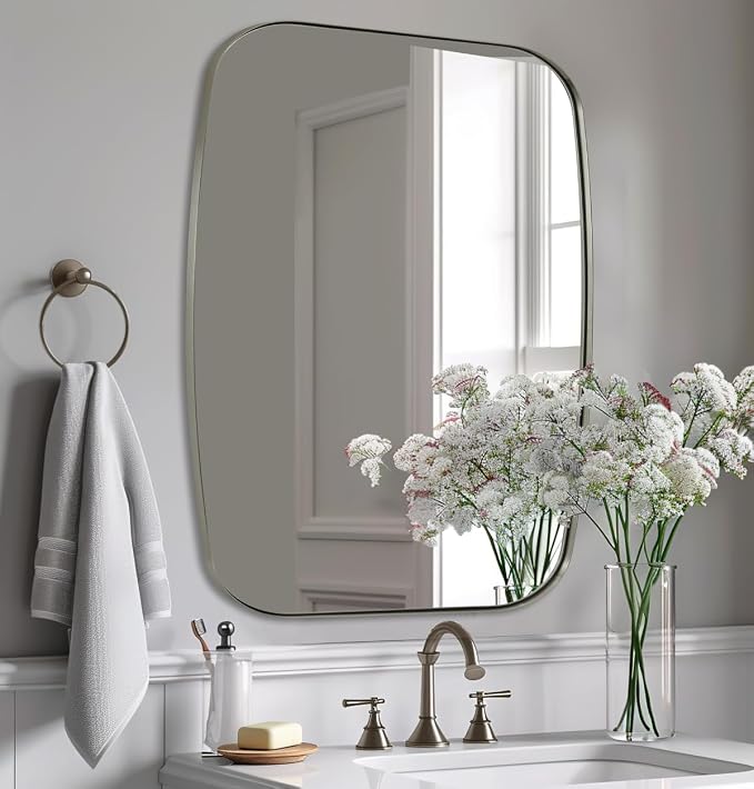 ANDY STAR Brushed Nickel Oblong Mirror, 36x40 Inch Brushed Nickel Oval Mirror for Bathroom with Stainless Steel Metal Frame, Wall Mouned for Bathroom, Living Room, Entryway