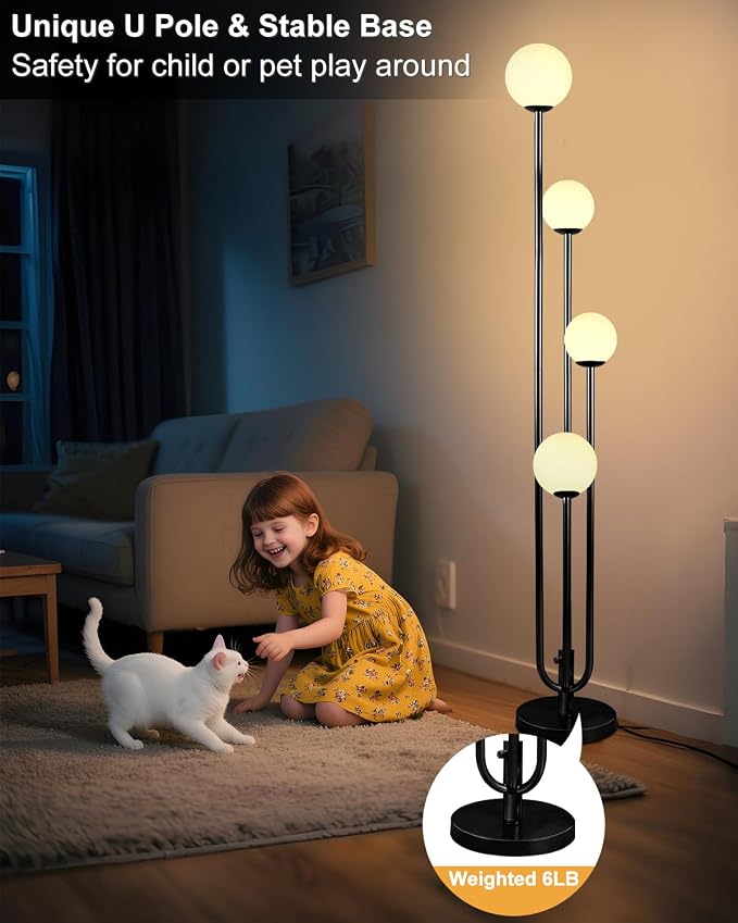 63IN 4-Light Dimmable Floor Lamp, Unique Black Tall Standing Lamps with Globe Shade &3000K Bulbs for Reading, Mid Century Modern Floor Lamp with 5Lbs Heavy Base for Living Room Bedroom Office