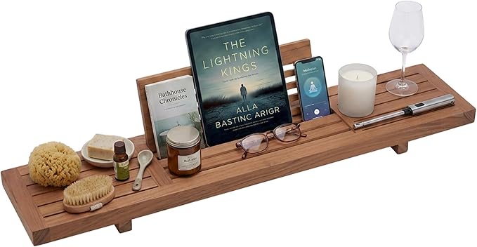 AquaTeak 30" Manada Teak Bathtub Tray Caddy - Durable, Water-Resistant Bath Tray for Tub with Foldable Book & Tablet Stand - Fits Standard Soaking Bathtubs - Bathroom Accessories for Spa