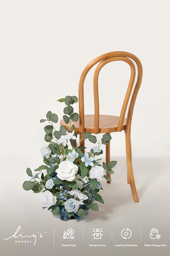 Ling's moment 17.5" Tall Free Standing Artificial Flowers Arrangements 2 pcs Wedding Aisle Runner Chair Decorations Dusty Blue & White Centerpieces for Ceremony Reception Rose Floral Party Outdoor