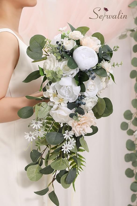 Serwalin 9.8 Inch Wedding Bouquets for Bride Bridesmaid, Forest White Peonies Bridal Bouquets for Bride, Wedding Flowers Bouquet Tossing Bouquet, Wedding Ceremony and Anniversary Day Decor