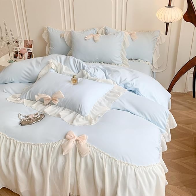 Girls Lace Bedding,Full Comforter Cover Set, Chic Ruffled Duvet Cover with Lovely Bow,Princess Style 1 Duvet Cover with 2 Pillowcases, No Comforter-Blue,Full Size