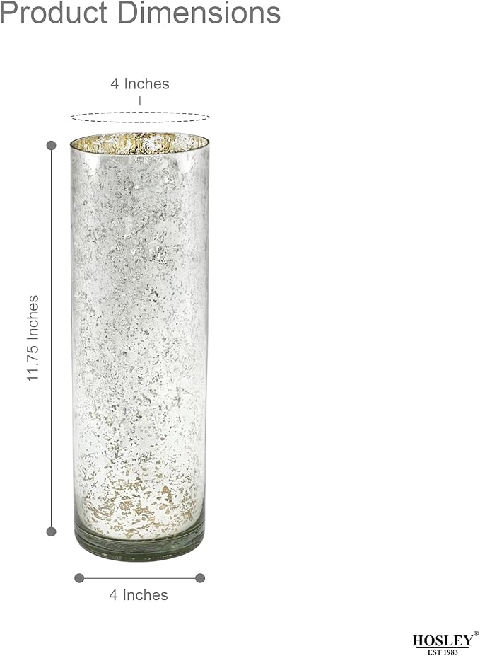 Hosley Silver Mercury Glass Vase Set of 2 Pcs, Large Glass Vases for Flowers, Vases in Bulk, Vintage for Centerpieces, Ideal for Home Décor, Livingroom, Office, Spa