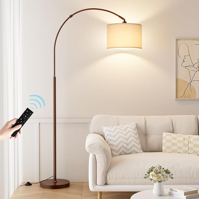 Ambimall Dimmable Arc Floor Lamp with Remote, Color Temperatures and Brightness Adjustable, Arched Floor Lamp with Rotating Head, Over Couch Arched Reading Light for Living Room (Deep Beige and Brown)