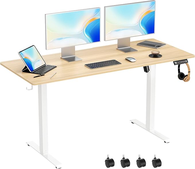 55 x 24 Inch Electric Standing Desk Adjustable Height,Sit Stand Up Desk with Wheels,Home Office,Rising Desk,Computer Workstation, Gaming Work (Spliced Desktop,Oak)