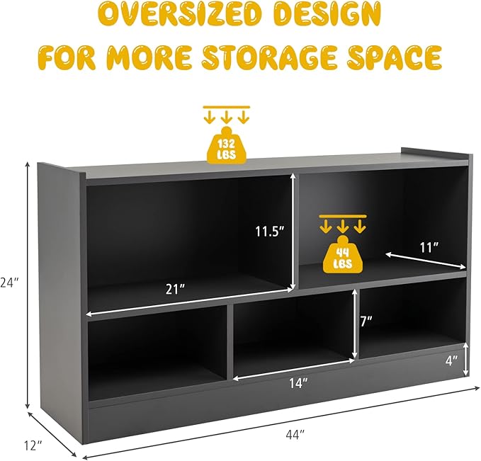 KOTEK Toy Storage Organizer, 5 Cubby Kids Bookshelf, Wooden 3-Tier Bookcase Storage Cabinet, Open Display Book Shelf for Daycare, Nursery, School Classroom, Playroom & Living Room (Grey, 5 Cubes)