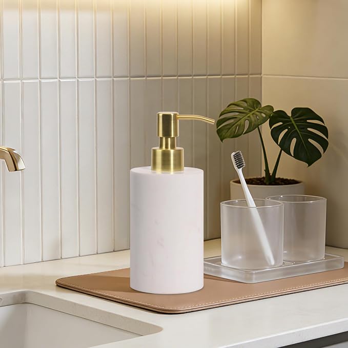 Natural Marble Soap Dispenser for Bathroom and Kitchen Countertop - 5.41 Ounces Hand Lotion and Liquid Stone Shampoo Laundry Bottle with Pump (1, White, Cylindrical Bottle)