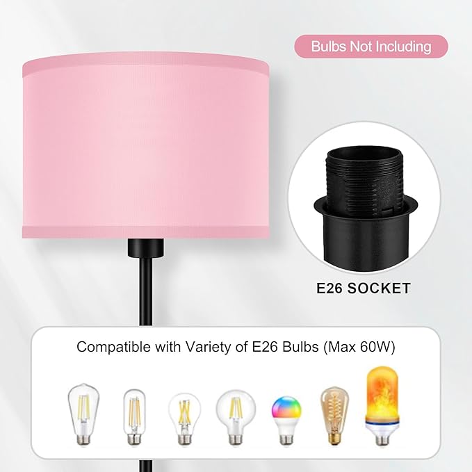 AUQUEE Pink Floor Lamp for Bedroom, Kids & Girls Room Decor, 59" Tall Small Standing Lamp with Lampshade, Foot Switch, Cute Corner Floor Lamp for Nursery, Living Room, E26 Base (No Bulb)