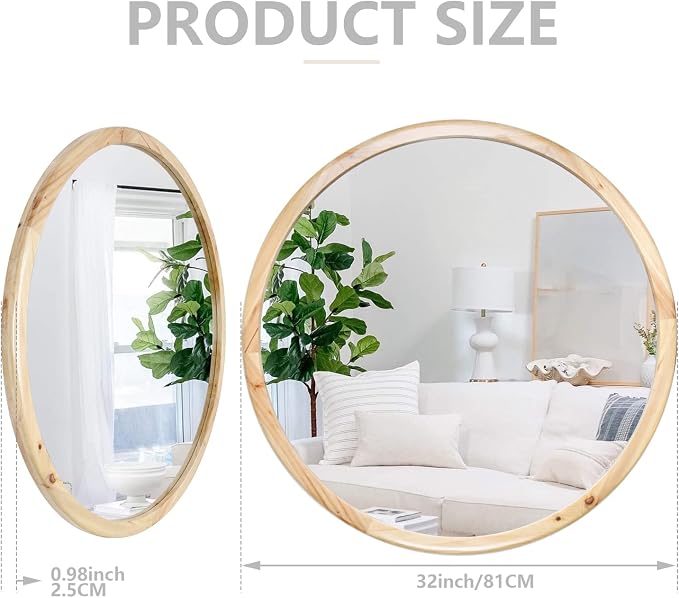 Round Wood Mirror,32 inch Circle Wooden Natural Large Farmhouse Vanity Boho Decor Wall Mirror for Bathroom Bedroom Living Room Hallway