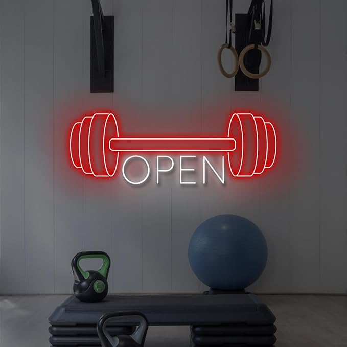 Red Gym Fitness Open Neon Sign, Gym open Led Sign, Weightlifting Led Light, Barbell Neon Light, gym Open Wall Art Decor, House Wall Signs Decor for Business Window Open Signs, Fitness Club Decor