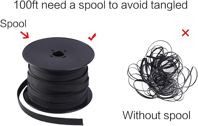 Keco 100ft – 1/8 inch PET Expandable Braided Cable Sleeve – Wire Sleeving for Audio Video and Other Home Device Cable Automotive Wire - Black