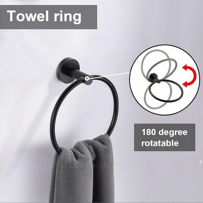 6 Pieces Matte Black Bathroom Hardware Accessories Set, SUS304 Stainless Steel 24 Inch Bath Towel Bar Set, Round Bathroom Towel Holder Set, Towel Racks for Bathroom Wall Mounted