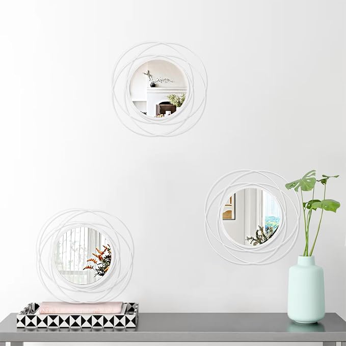 3 Pack Circle Mirror Wall Decorative Metal Wall Mirror, Art Small Round Wall Home Mirror, Decor Living Room Bedroom Bathroom Entryway 12" White