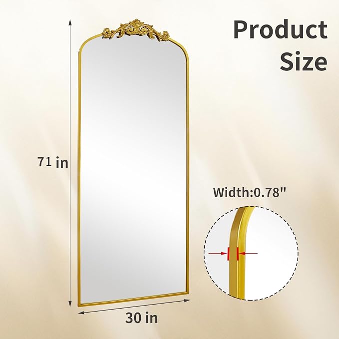 71" x 30" Gold Arch Full Length Mirror, Vintage Ornate Baroque Floor Mirror with Decorative Crown, Large Arched Wall Mounted Dressing Mirror for Bedroom, Living Room, Entryway