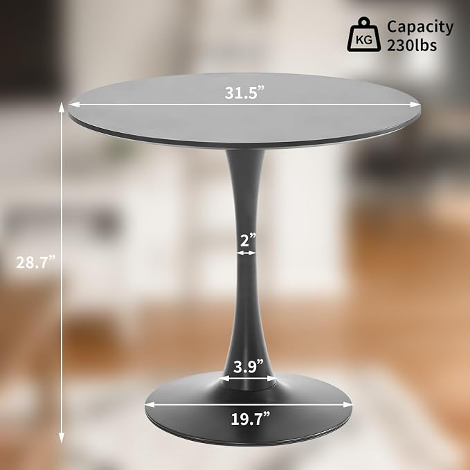 Tulip Round Dining Table 31.5" Black Round Kitchen Dining Table for 2-4 People, with 0.7" MDF Tables Top and Metal Pedestal Base Dinner Tables for Cafe, Home, Dining Room