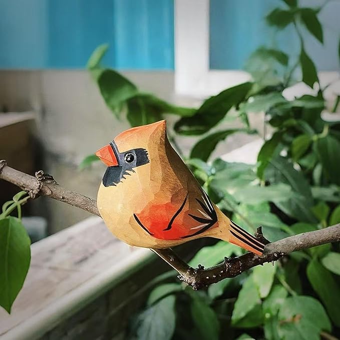 Handmade Wooden Northern Cardinal Figurine - 3.7" Hand-Carved Female Bird Statue - Solid Basswood Bird Sculpture for Home Decor, Christmas Ornament, Memorial & Bird Lover Gift