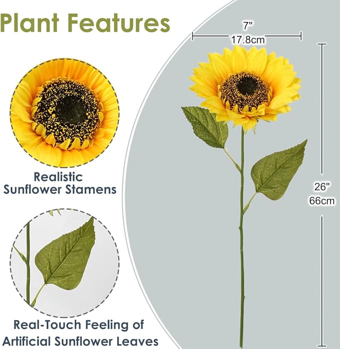 3 PCS 7" Large Sunflowers Artificial Flowers Full Bloom Long Stem Artificial Sunflower 26" Tall Sun Flowers Giant Silk Sunflowers with Stem Fake Sunflower Floral Arrangement for Home Wedding Decor
