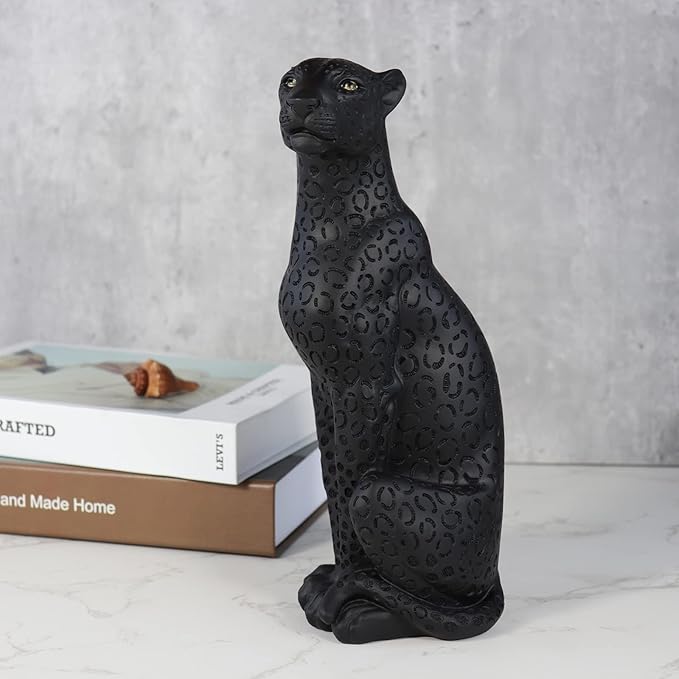 Cheetah Statue Black Panther Black Leopard Statue 11”H Resin Modern Animal Sculpture Figurine Desktop Table Top Decoration for Home Office Decor