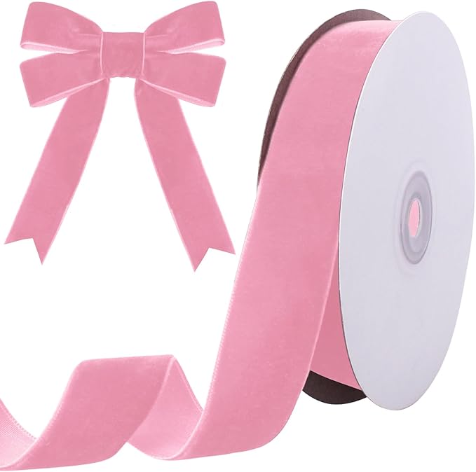 10 Yards Pink Velvet Ribbon 1 Inch for Christmas Tree,Velvet Christmas Ribbon for Gift Wrapping Crafts Bow Wreath Holiday Decorations (Pink)