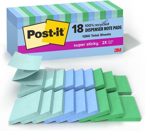 Post-it Super Sticky Pop-Up Notes - 100% Recycled Oasis Collection | 3 in. x 3 in., 70 Sheets, 18 Pads