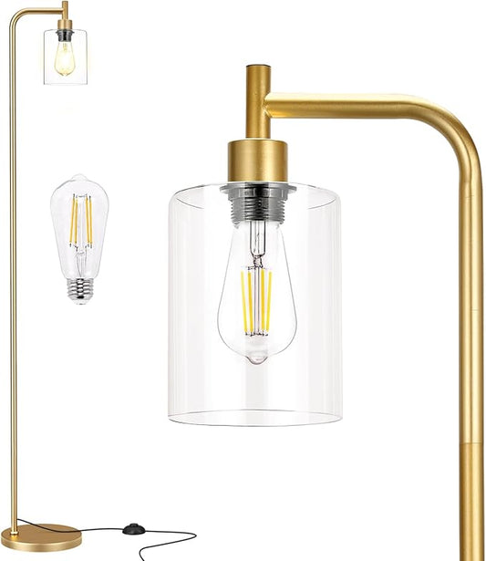 Ziisee Floor Lamps for Living Room - Industrial Standing Lamp with Glass Shade, Modern Gold Floor Lamp with LED Bulbs, Farmhouse Floor Lamp for Bedroom, Tall Lamp for Office - Gold