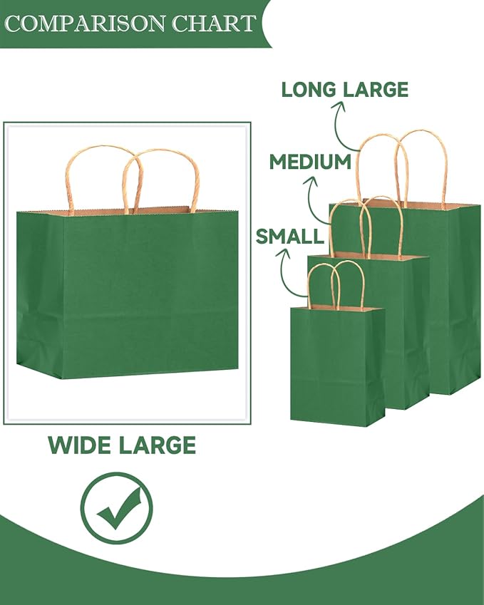 qiqee 13"x4.5"x10" Large Gift Bag with Handles Bulk 32PCS Gift Paper Bags Deep Green Bags Multiple Uses (Wide Large)