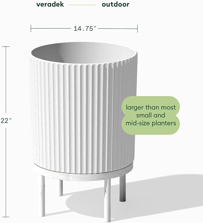 Veradek Demi Series Round Planter w/ Stand for Porch/Patio | Durable Plastic-Stone composite & Wooden Stand | Modern Décor for Tall Plants, Flowers