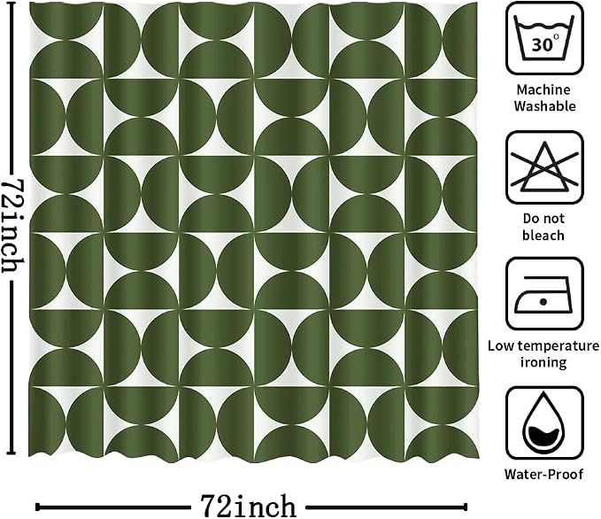 MEHOFOND Vintage Green Shower Curtain Modern Mid Century Abstract Geometric Bathroom Curtain Boho Retro Classic 1950S 60S Bathtub Decor Fabric Waterproof Bath Curtain with 12 Hook 72x72 Inch