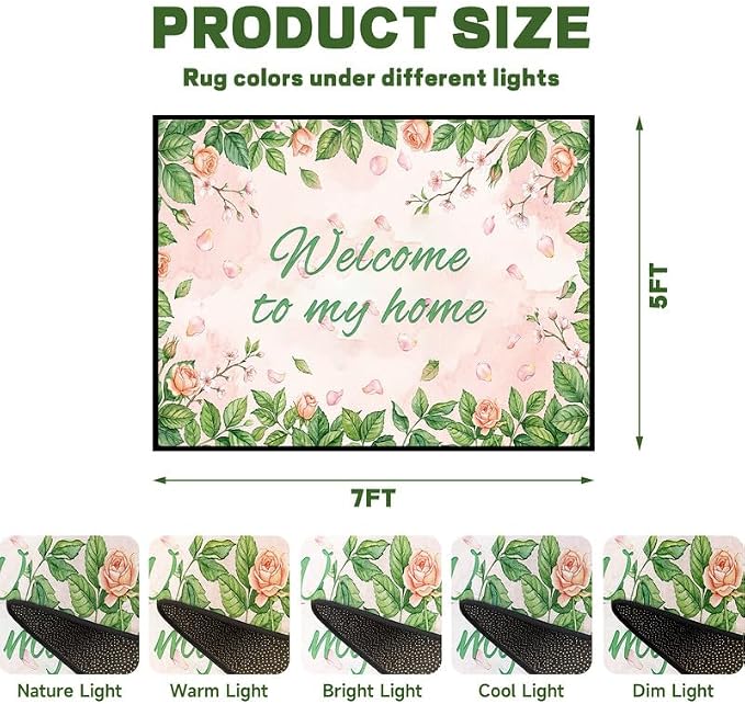 Welcome Rug Floral Area Rug for Bedroom Living Room Nursery Playroom Classroom Home Decor Pink Rose Green Leaf Carpet Non-Slip Washable Floor Mat,5'x7'