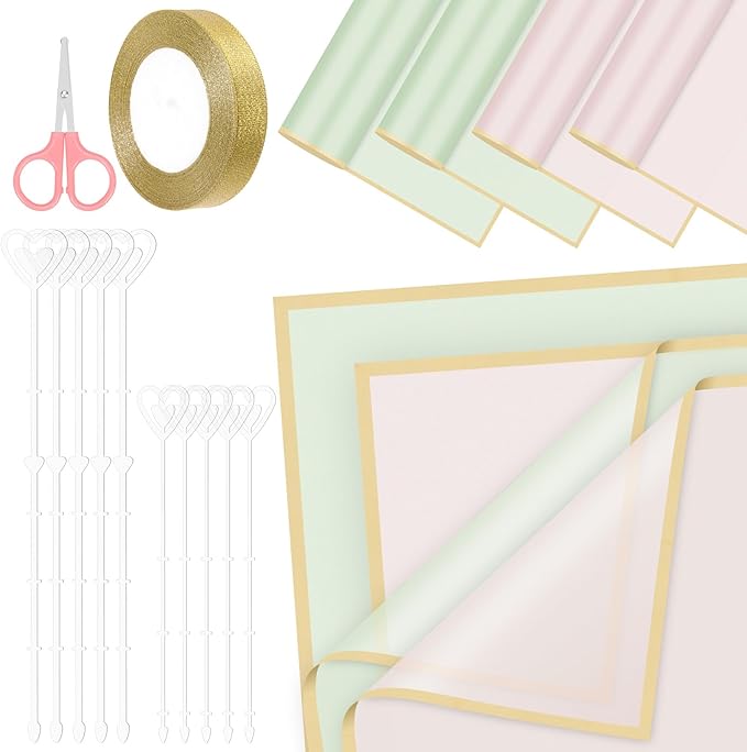 Glarks 52pcs Flower Wrapping Paper Set, Including 40 Sheets Pink and Blue Waterproof Bouquet Wrapping Paper, 10pcs Floral Pick Card Holders, 1 Roll Ribbon and 1pcs Pink Scissors for Flower Shop