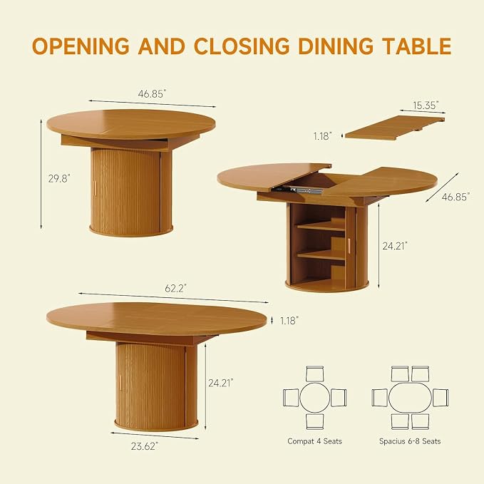 DHH 47"-63" Extendable Round Dining Table for 4–8 with Storage, Mid Century Modern Farmhouse Wood Oval Dinner Table with Pedestal Base for Kitchen, Living Room (Yellow Walnut)