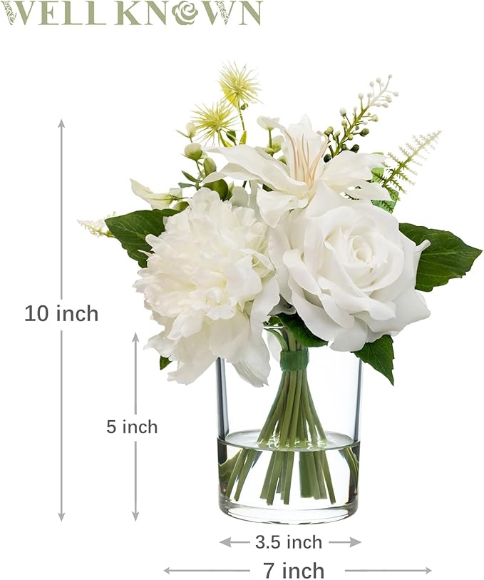WELL KNOWN Artificial Flowers in Glass Vase with Fake Water, Silk Peony Rose Flower Bouquet for Home Dinning Tea Table, Office Desktop, Hotel, Wedding, Party, Lavatory Decor & Gift (Ivory White)
