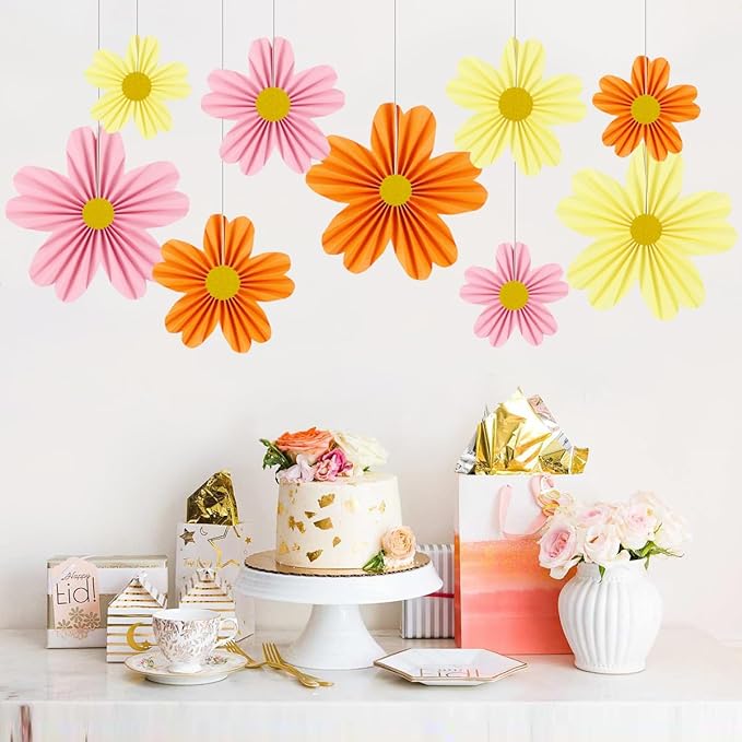 YUNXUAN Pink and Orange Party Decorations Paper Fan Paper Flowers Decorations for Wall Floral Backdrop Classroom Baby Shower Birthday Flower Wall Decor Pack of 9 Pink Orange