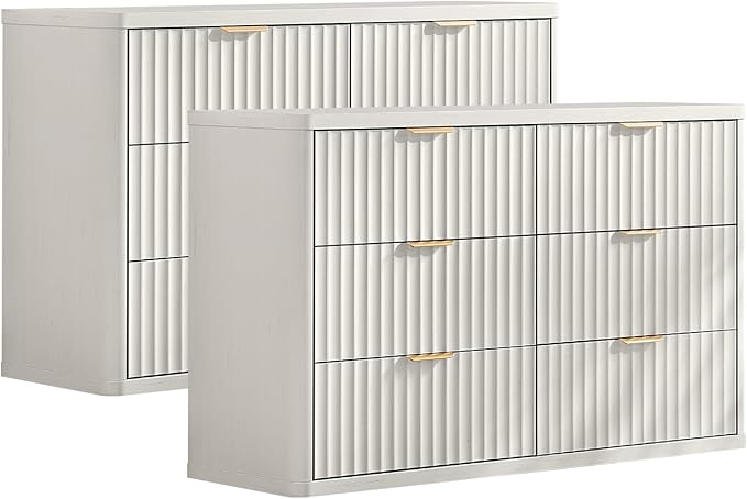 LEYAOYAO Fluted 6 Drawers Dresser Set of 2, 48" Wide Modern Chest of Drawers with Wood Grain Top, Curved Profile Design, Dresser TV Stand, Wooden Drawer Organizer for Bedroom, Living Room, White