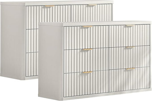 LEYAOYAO Fluted 6 Drawers Dresser Set of 2, 48" Wide Modern Chest of Drawers with Wood Grain Top, Curved Profile Design, Dresser TV Stand, Wooden Drawer Organizer for Bedroom, Living Room, White