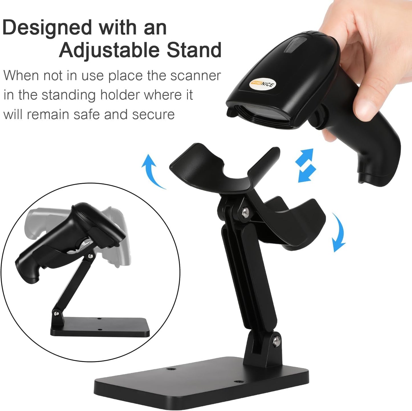 WoneNice Wireless Barcode Scanner - 1D & 2D QR Code Reader with Stand | USB Receiver, Black
