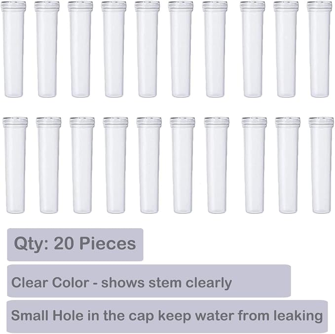 JFFX 20 Pcs Floral Water Tubes 2.8 Inch Clear Plastic Flower Vials with Caps for Flower Arrangement Decoration