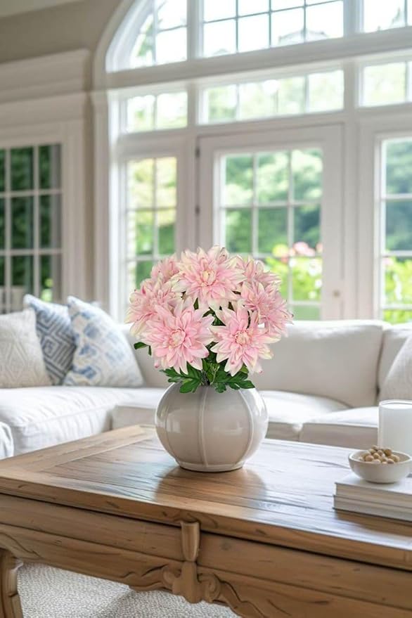 Hollyone 2Pcs Pink Artificial Dahlia Flowers Bush 7 Heads Silk Fake Dahlias Flowers with Stems Wedding Bouquets Faux Dahlia Flowers Arrangements for Outdoor Indoor DIY Table Centerpieces Home Decor