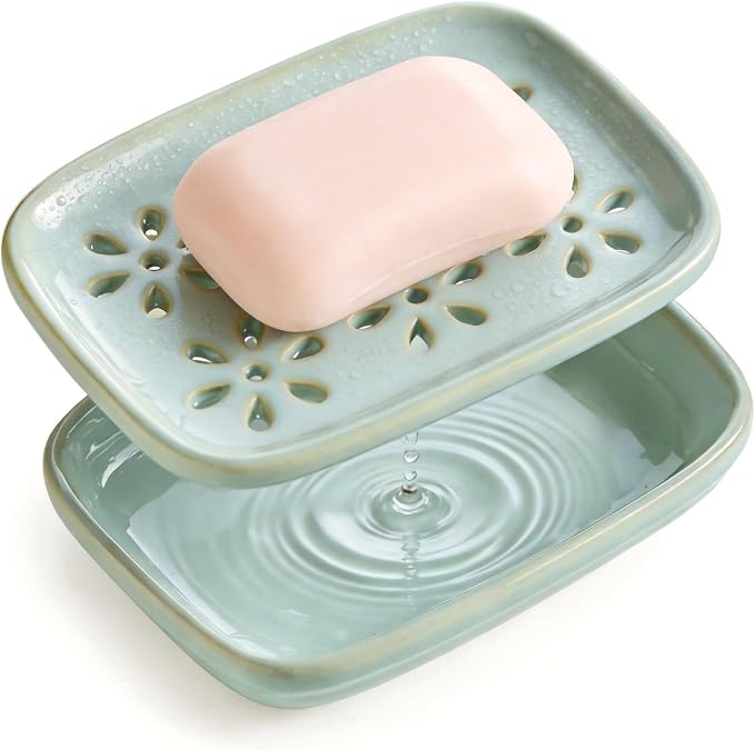 Miamolo Soap Dish for Shower with Drainage, 2-Tier Soap Holder for Bar Soap Sponge, Ceramic Soap Dish with Removable Drip Tray for Bathroom Sink, Mess-Free, Easy Cleaning Dishwasher Safe, Blue