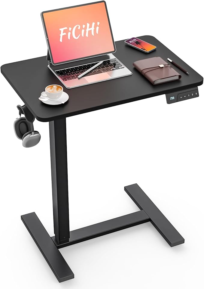 FiCiHi Small Electric Standing Desk - Adjustable Height Bedside Laptop Table with Wheels, Mobile, Rolling Computer Sit Stand Desks, Movable, Home Office, Sofa, Couch Use (24x16,Black)