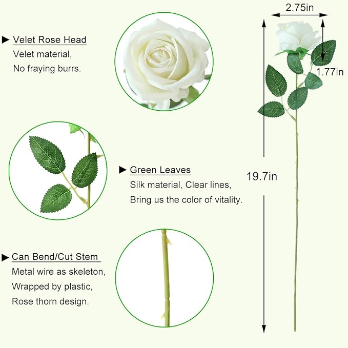 12Pcs White Roses Artificial Flowers Fake Roses Faux Velvet Silk Flower for Home Wedding Decoration (Pearl Rose, White)