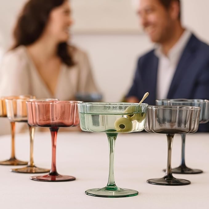 Flower Scalloped Vintage Wavy Petals Wave Glass Coupes 7oz Colorful Martini, Champagne & Cocktails, 6 Set Muted Pastel Shades Rippled Champagne Glasses, Elegant Bar Glassware, Aesthetic Cute Coupe