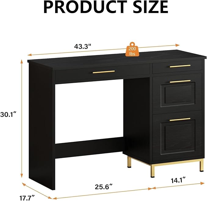 4 EVER WINNER Computer Desk with Drawers, 43 Inch Small Desk with Golden Handle, Home Office Desk with Storage Shelves for Bedroom, Black