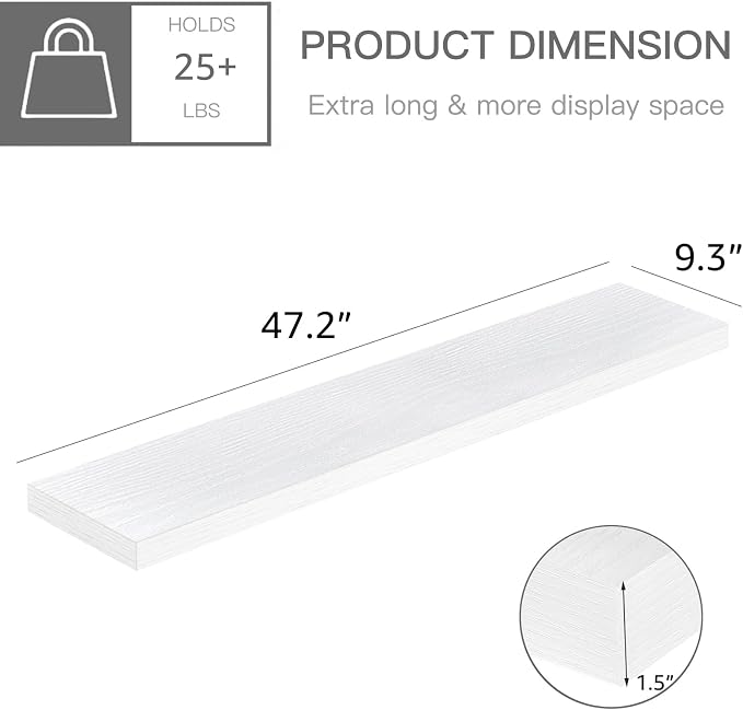 QEEIG Floating Shelves for Wall 47.2" Extra Long - Wall Mounted Shelf Bathroom Kitchen Living Room Bedroom Farmhouse Home Decor Display Bookshelf Large 47.2 x 9.3 inch Set of 2, White (008-120W)