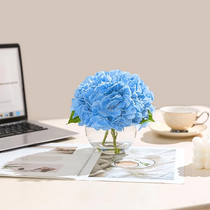 Artificial Hydrangea with Fake Water in Vase, Real Touch Faux Flowers, Silk Fake Hydrangea Flower Arrangement with Faux Water for Home Office Bathroom Wedding Table Centerpiece Decor(Blue)