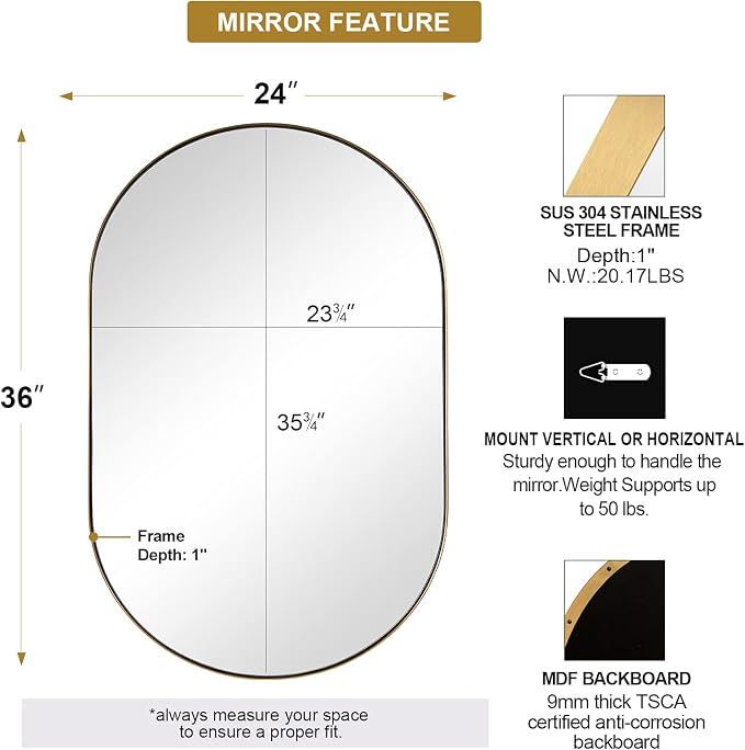ANDY STAR Gold Oval Mirror, 24’’x36’’ Brass Mirror for Wall, Oval Mirrors for Bathroom in Stainless Steel Metal 1’’ Thin Frame Pill Shaped Hangs Vertical or Horizontal Ideal for Limited Space