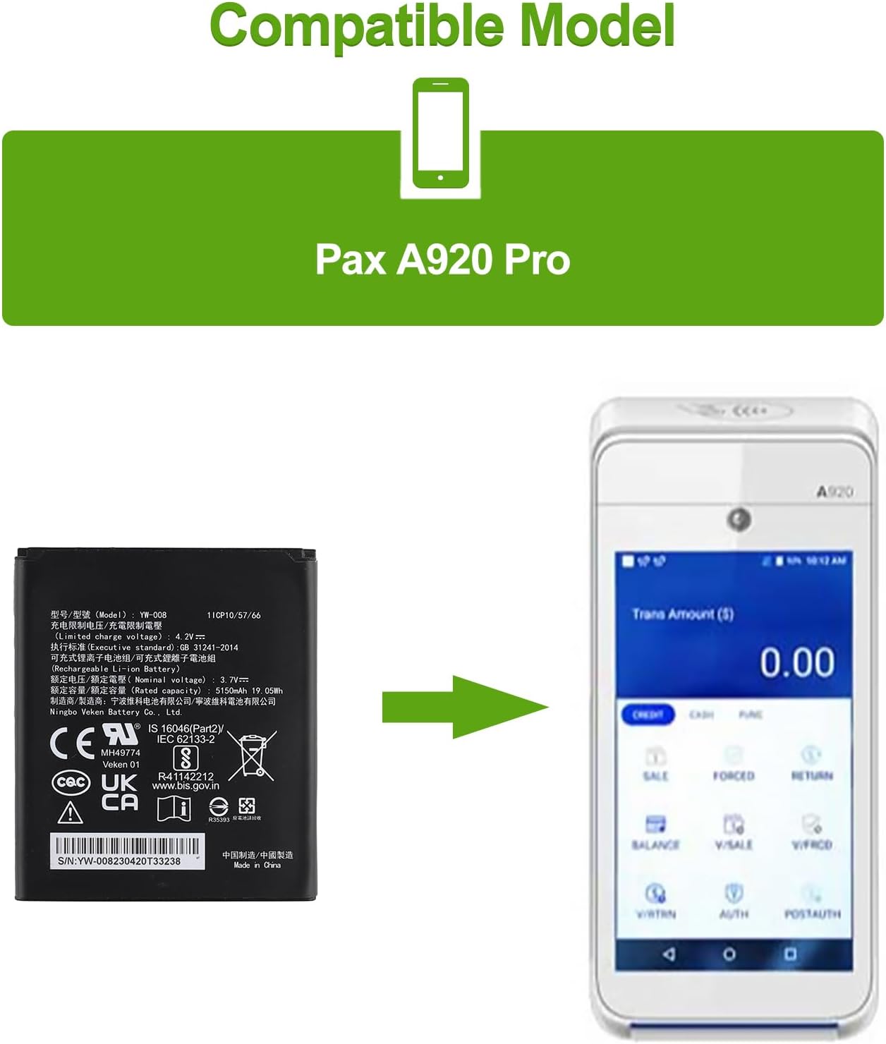 VEKEN Rechargeable 0 Cycle Replacement Battery YW-008 - Compatible with Pax A920 Pro & Tools