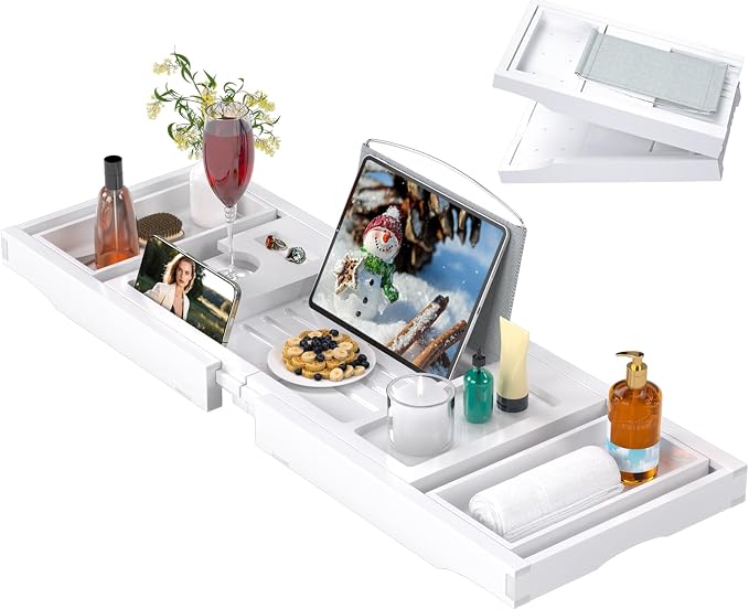 Bathtub Caddy Tray for Tub,Foldable Bath Table Trays,Bamboo Shelf with Book and Wine Glass Holder,Bathroom Accessories Suitable for Luxury Spa or Reading,White