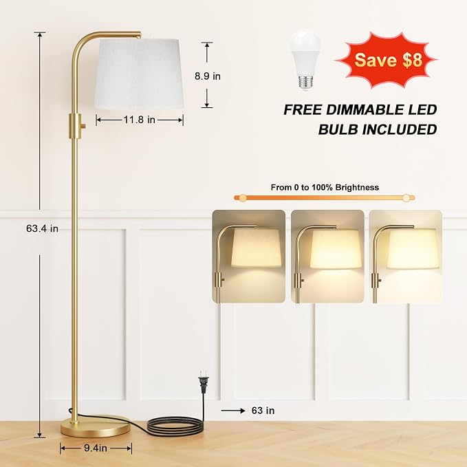 Ambimall Fully Dimmable Floor Lamp - Floor Lamps with 9W LED Bulb, Standing Lamps for Living Room with Adjust Head, Modern Standing Tall Light Rotary Switch for Office(Gold and Beige)