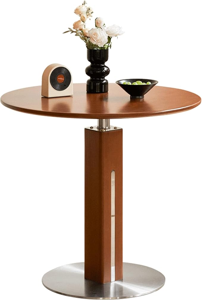 YESWOOD 27.6’’ Small Round Dining Table for 2-3, Solid Wood Circle Kitchen Table with Steel Base, Mid Century Modern Dining Table for Dining Room, Living Room, Coffee, Pub, Teak